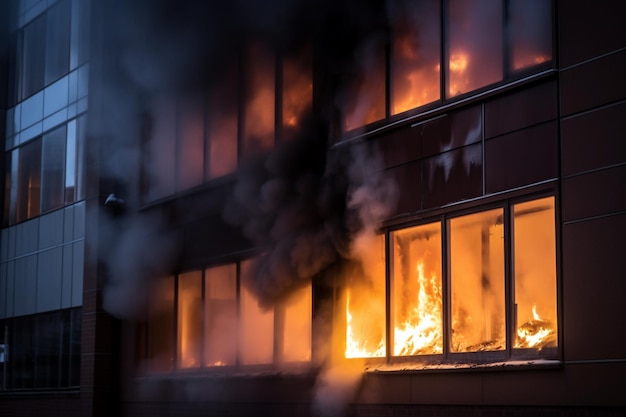 Un incendie brûle dans un bâtiment avec de la fumée qui en sort.