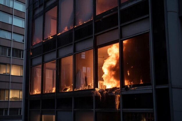 Un incendie brûle dans un bâtiment qui porte le mot feu