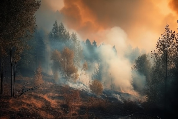 Un incendie brûle dans une forêt avec de la fumée qui en sort.