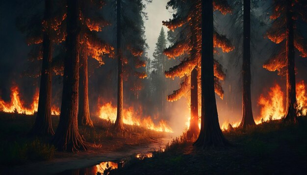 Incendie dangereux dans la forêt brûlant des arbres catastrophe naturelle