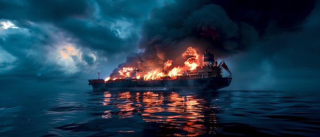 Incendie dramatique de navire en mer capturé la nuit Incroyable flammes océaniques paysage d'urgence maritime Esthétique Tons bleu foncé Parfait pour l'illustration Utilisation AI
