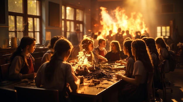 Incendie à l'école avec des écoliers