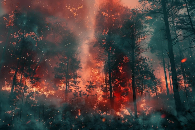 Un incendie de forêt déchaîné montrant des arbres en feu Photographie abstraite