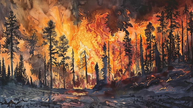 Un incendie de forêt intense qui fait rage dans la forêt avec des flammes imposantes et une fumée épaisse illustrant une catastrophe naturelle et l'impact sur l'environnement