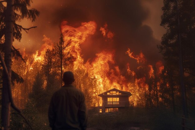 Photo incendie de forêt près d'une cabane d'homme