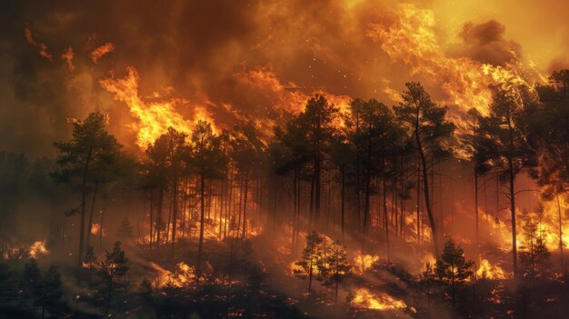 Un incendie de forêt qui se propage à travers une forêt dense montrant le pouvoir destructeur et l'impact écologique des incendies de forêt