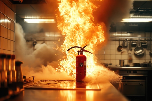 Un incendie intense engloutit la cuisine et l'extincteur au premier plan.