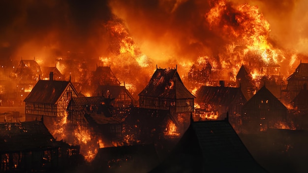 Un incendie massif fait rage dans un village, engloutissant des bâtiments en flammes et envoyant une épaisse fumée dans le ciel.
