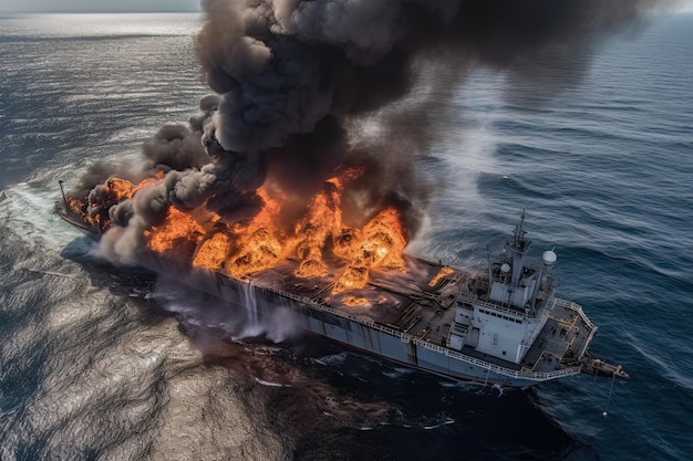 Un incendie s'est déclaré sur un pétrolier en mer, causant des dommages importants et posant une menace potentielle pour l'environnement en raison du risque de marée noire AI générative