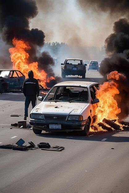 Photo incendie de voiture, émeute, crime contre le gouvernement.