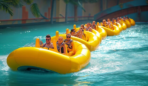 Des inconnus s'amusent sur un bateau à bananes gonflable.