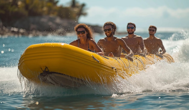 Des inconnus s'amusent sur un bateau à bananes gonflable.