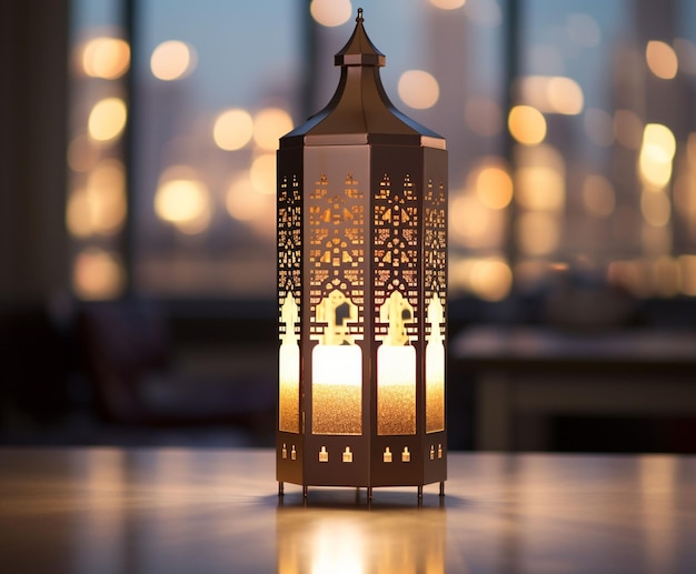 Photo incorporer des motifs géométriques sur la lanterne avec une mosquée géométriquement floue en arrière-plan