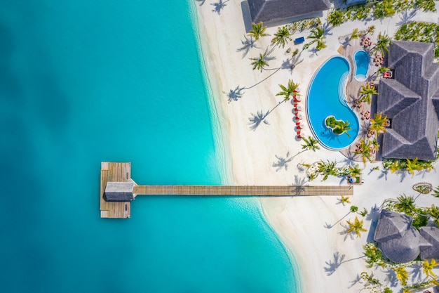 Incroyable aérienne Maldives mer lagon palmiers jetée piscine île de sable plage Voyage de vacances de luxe