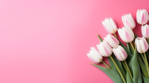 Un incroyable bouquet de tulipes roses et blanches sur un fond rose