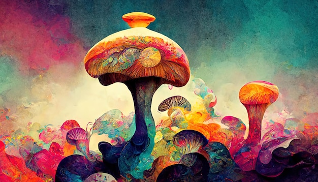 Incroyable Champignons coloré psychédélique Illustration numérique Peinture Oeuvre Paysage Arrière-plans Génératif Ai