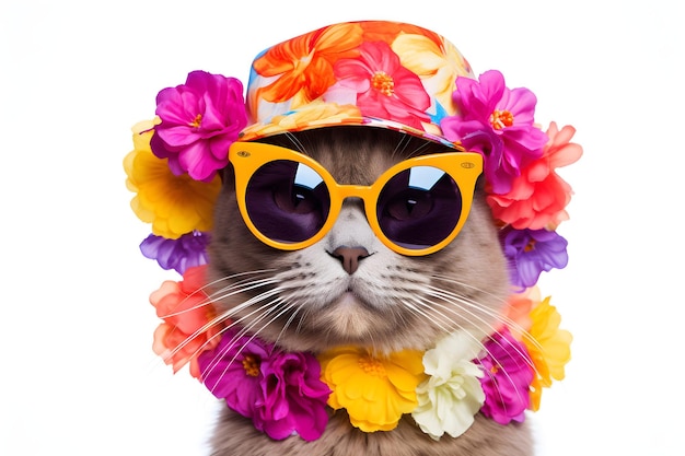 Incroyable chat mignon portant un chapeau d'été coloré avec des fleurs et des lunettes de soleil isolé sur fond blanc