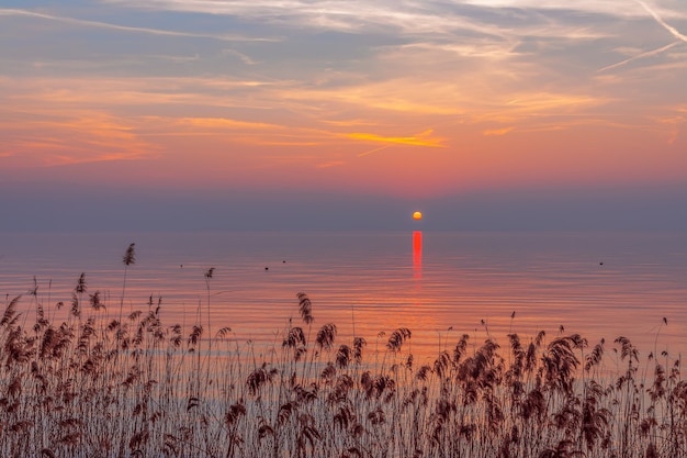 Photo incroyable coucher de soleil coloré avec brouillard sur le lac de garde, italie