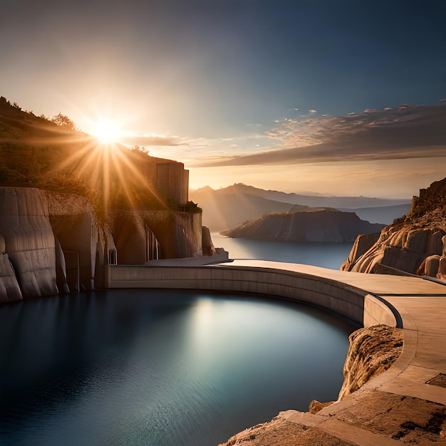 Incroyable coucher de soleil sur les montagnes avec un lac de construction