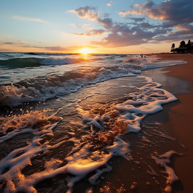 Incroyable coucher de soleil sur la plage avec horizon sans fin et figures isolées au loin