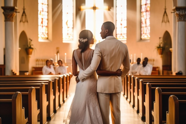 Incroyable couple afro-américain lors d'une cérémonie à l'église au mariage Generative AI