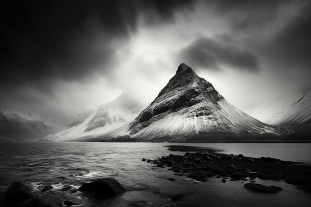 Une incroyable graphique en noir et blanc de belles montagnes et collines avec un ciel sombre