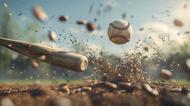 Photo incroyable gros plan d'une batte de baseball frappant une balle la batte est en bois et la balle est en cuir