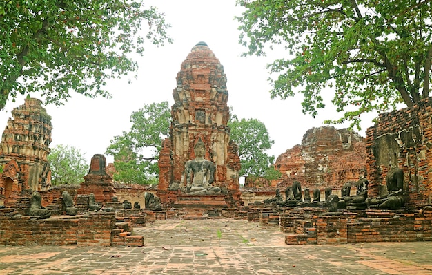 Incroyable groupe de ruines d'images de Bouddha dans le temple Wat Mahathat à Ayutthaya en Thaïlande