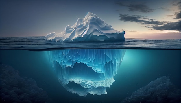 Incroyable iceberg blanc flotte dans l'océan avec une vue sous-marine Danger caché et réchauffement climatique