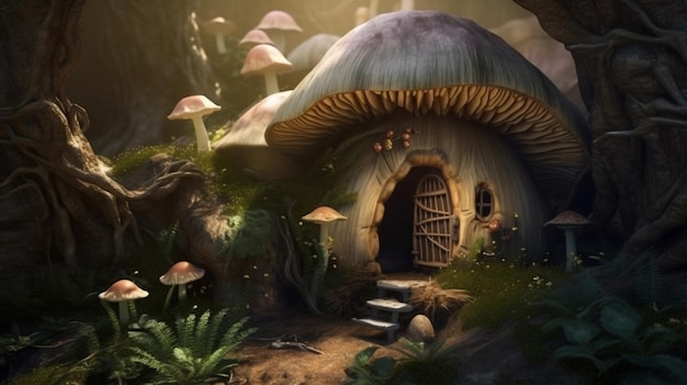 Incroyable maison aux champignons de dessin animé mignon sur un pré au milieu d'une forêt magique