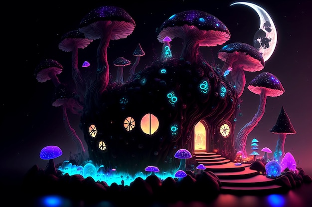 Incroyable maison aux champignons sombres sur un pré au milieu de l'illustration 3D d'horreur de la forêt magique