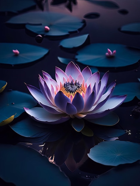 Incroyable nénuphar en fleurs sur la surface de l'eau sombre à l'espace de l'étang de lotus pour le texte vertical