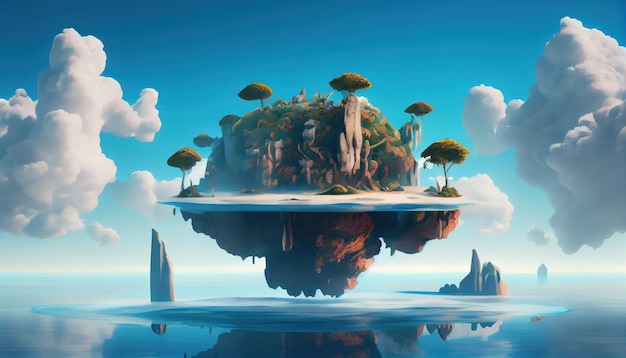 Incroyable paysage fantastique avec champ de maisons d'îles flottantes sur fond nuageux généré par l'IA