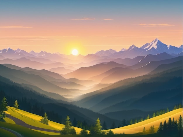 Incroyable paysage de montagne avec coucher de soleil vif coloré sur le ciel nuageux