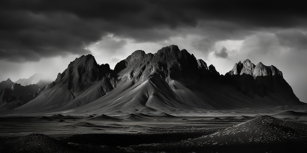 Une incroyable photographie en noir et blanc de belles montagnes et collines avec un ciel sombre, un paysage en arrière-plan.