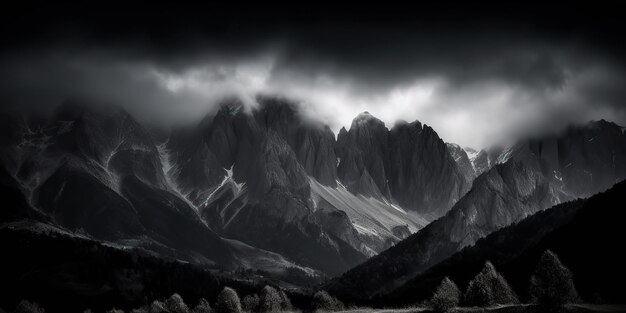 Une incroyable photographie en noir et blanc de belles montagnes et collines avec un ciel sombre, un paysage en arrière-plan.