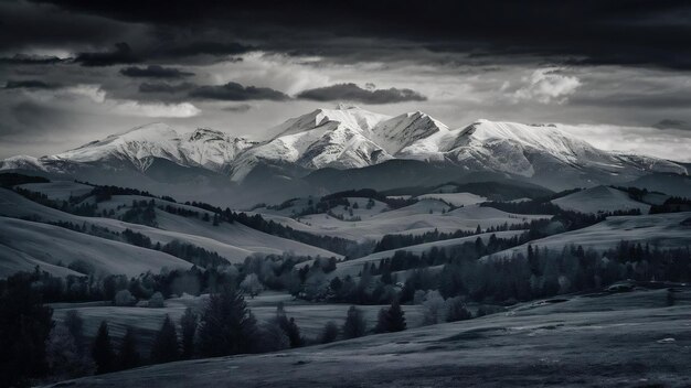 Une incroyable photographie en noir et blanc de belles montagnes et collines avec un ciel sombre