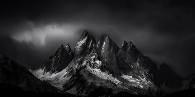 Une incroyable photographie en noir et blanc de belles montagnes et collines avec un ciel sombre