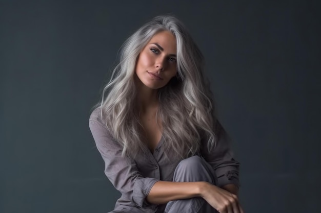Incroyable portrait en gros plan d'une fille aux longs cheveux gris en bonne santé Generarative AI