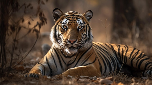 Une incroyable pose de tigre pendant l'heure de lumière dorée Scène de la faune avec un animal dangereux été chaud