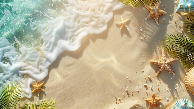 Une incroyable scène de plage d'été avec des coquillages d'étoiles de mer et des feuilles de palmier sur le sable et une vague douce avec de la mousse