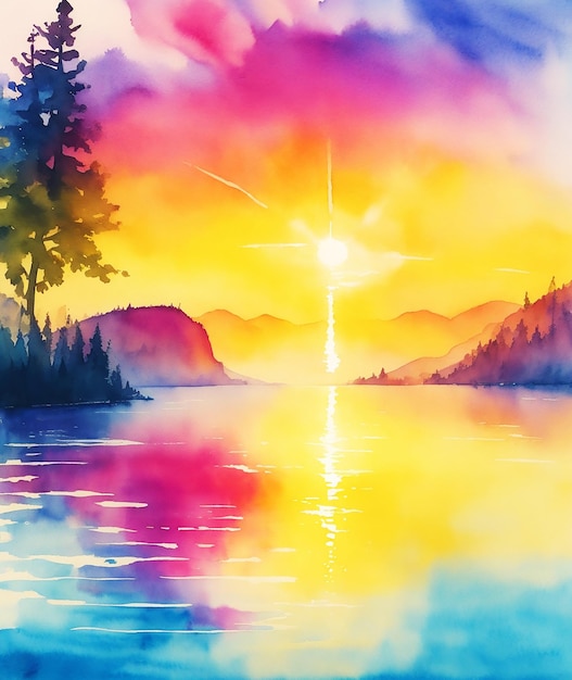 incroyable soleil magique coloré créatif sur le lac peinture sur papier image aquarelle HD