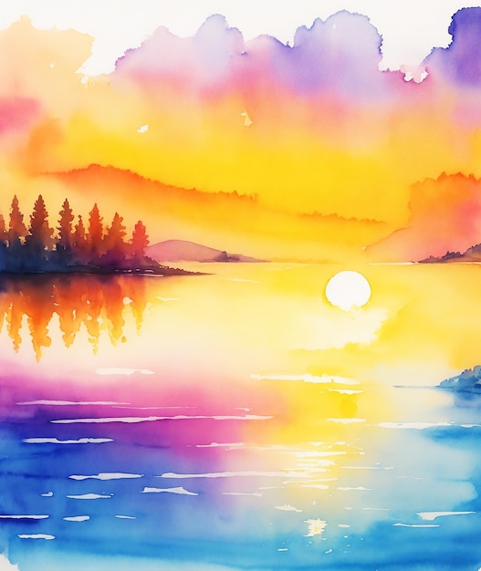 Photo incroyable soleil magique coloré créatif sur le lac peinture sur papier image aquarelle hd