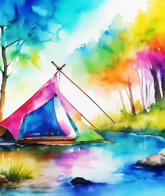 incroyable tente multicolore mystérieuse au bord de la rivière, peinture colorée sur papier, image aquarelle HD