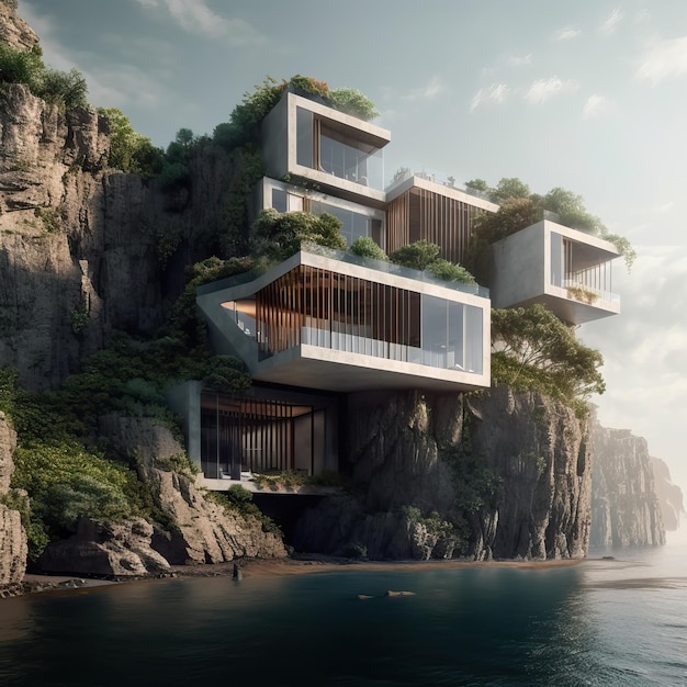 Incroyable villa de luxe construite sur une falaise au bord de la mer générative ai