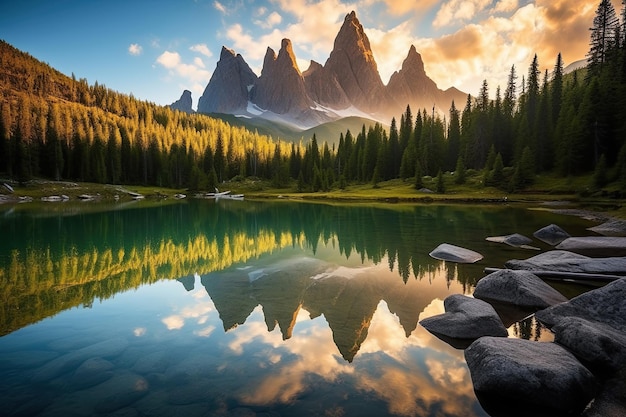 Incroyables reflets fixes au lac entouré de montagnes créés avec l'IA générative