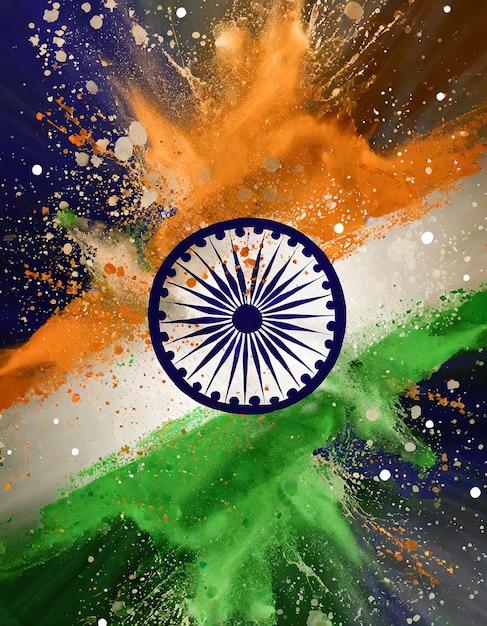 Photo l'inde à l'arrière-plan en tricolore et ashoka chakra avec une explosion de couleur de poudre jour de la république de l'inde