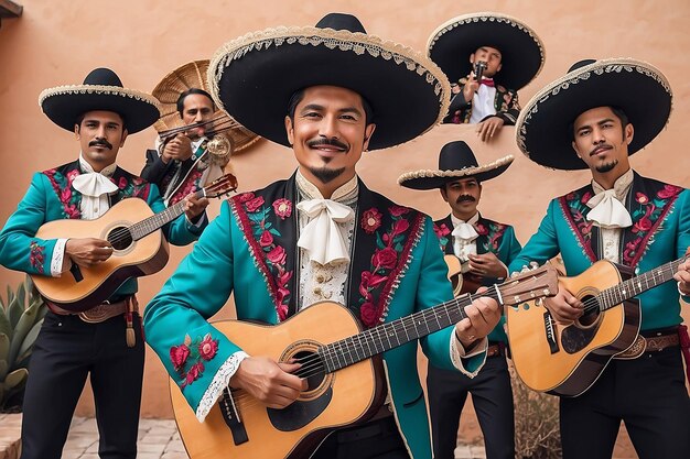 Indépendance mexicaine Cinco de mayo Hommes mexicains portant des vêtements traditionnels de mariachi jouant de la guitare AI générative