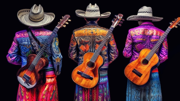 Photo indépendance mexicaine cinco de mayo mexicains portant des vêtements traditionnels de mariachi jouant de la guitare generative ai