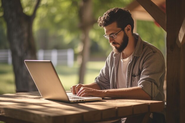 Indépendant masculin assis et travaillant sur un ordinateur portable dans un café au bord de la rivière pendant la journée